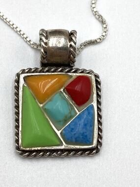 925 Sterling Silver Pendant Gemstone Inlay Mosaic Chain 17” 5.03g